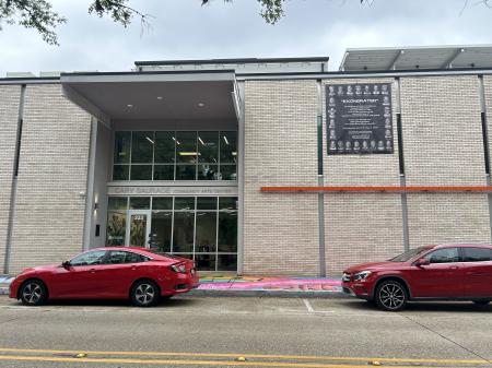 The banner up high on the building