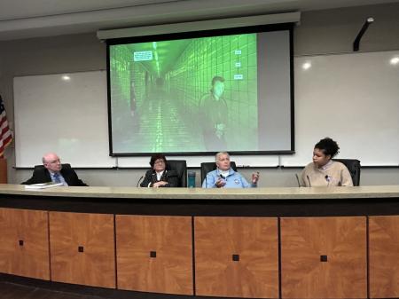 Bill Quigley, moderator with Sister Helen Prejean, Rose Vines and Catherine Anyango Grunewald at the discussion of their new Dead Man Walking Graphic Edition.